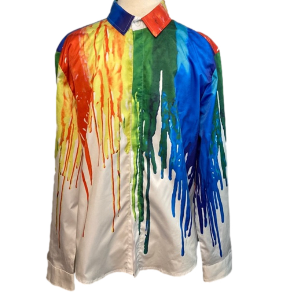 Ding Ge Fu Shi Long Sleeve Paint Drip Spatter Button Front Shirt Blue Green L